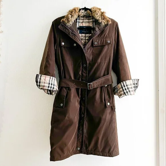 Burberry London Rabbit Fur Trimmed Stand Collar Tench Coat with Belt - Picture 2 of 11